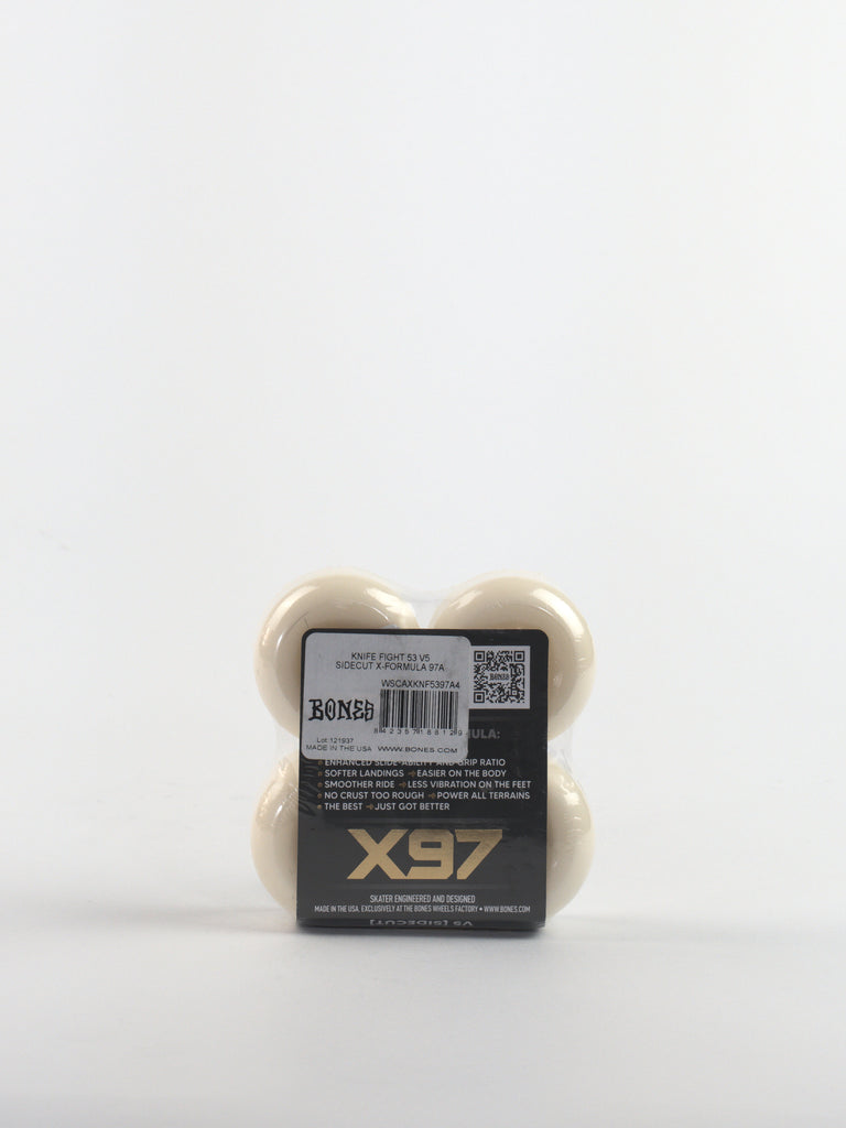 Set of four white skateboard wheels in packaging labeled ’Bones X97’’.