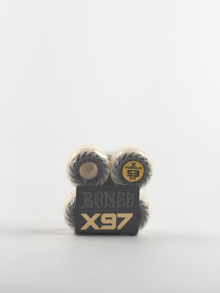 Set of skateboard wheels branded ’Bones X97’’ with a 53mm diameter.