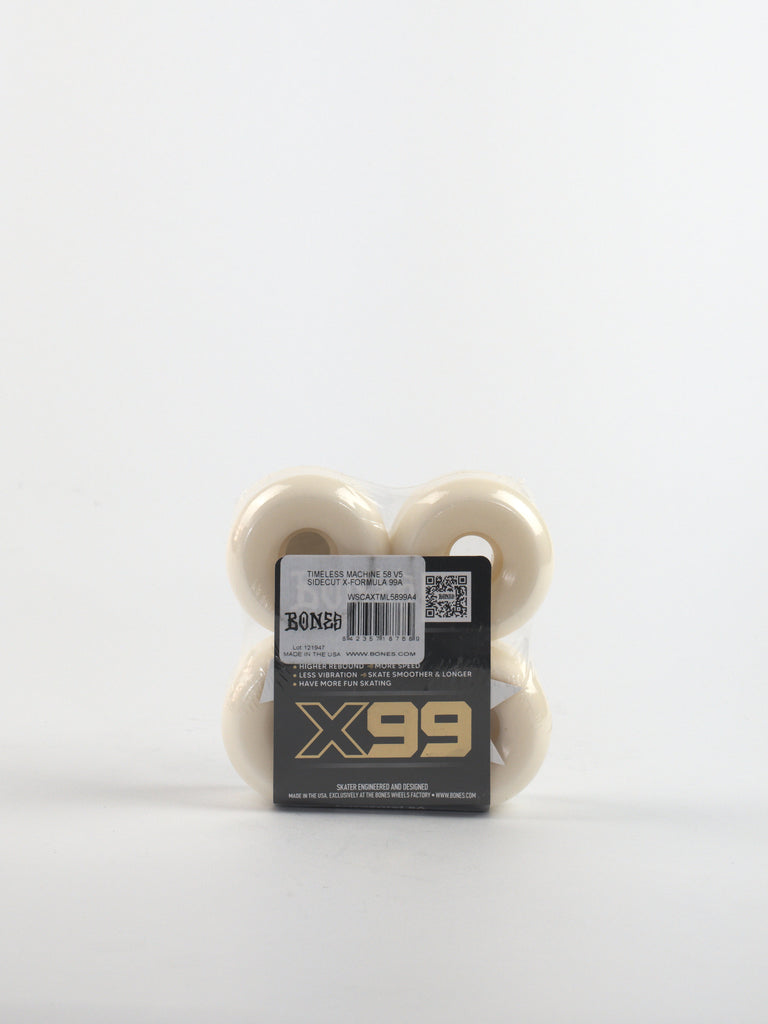 Set of four white skateboard wheels with packaging labeled ’X99’’.