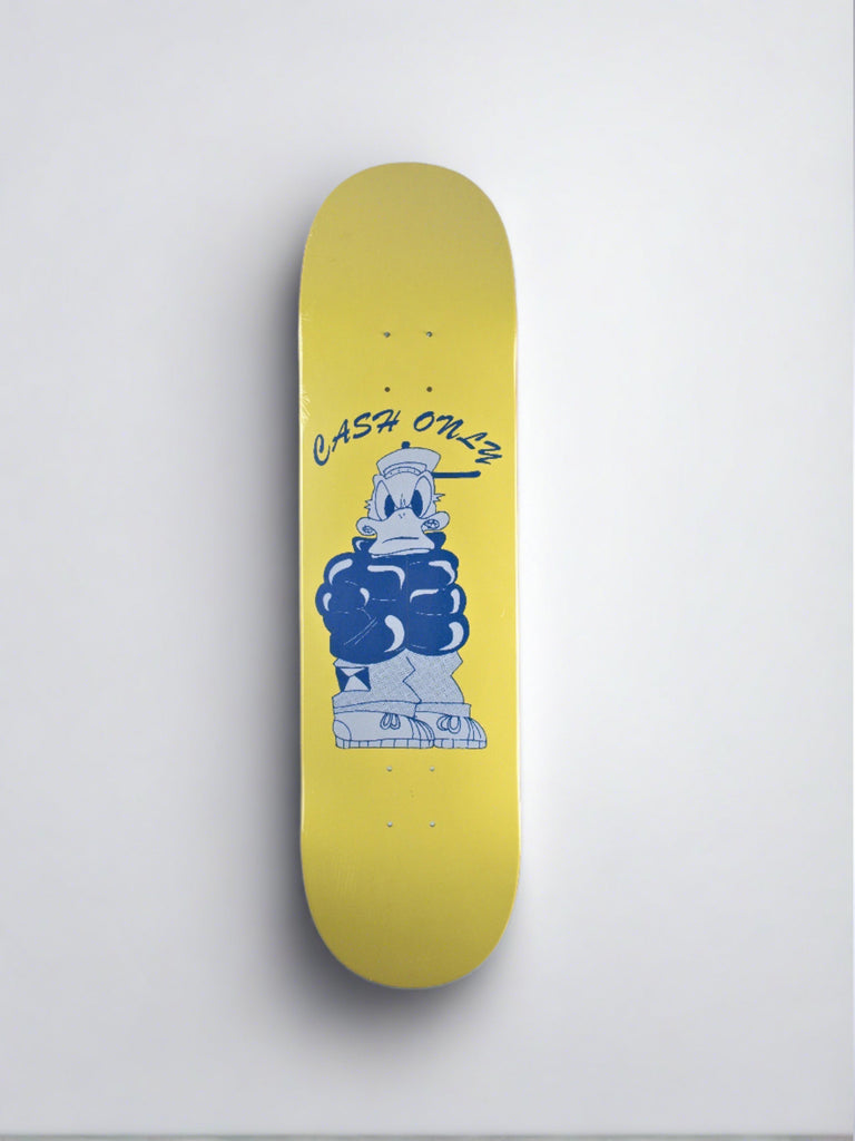 Yellow Duck Skateboard Deck featuring a blue cartoon and CASH ONLY text in 90s inspired style