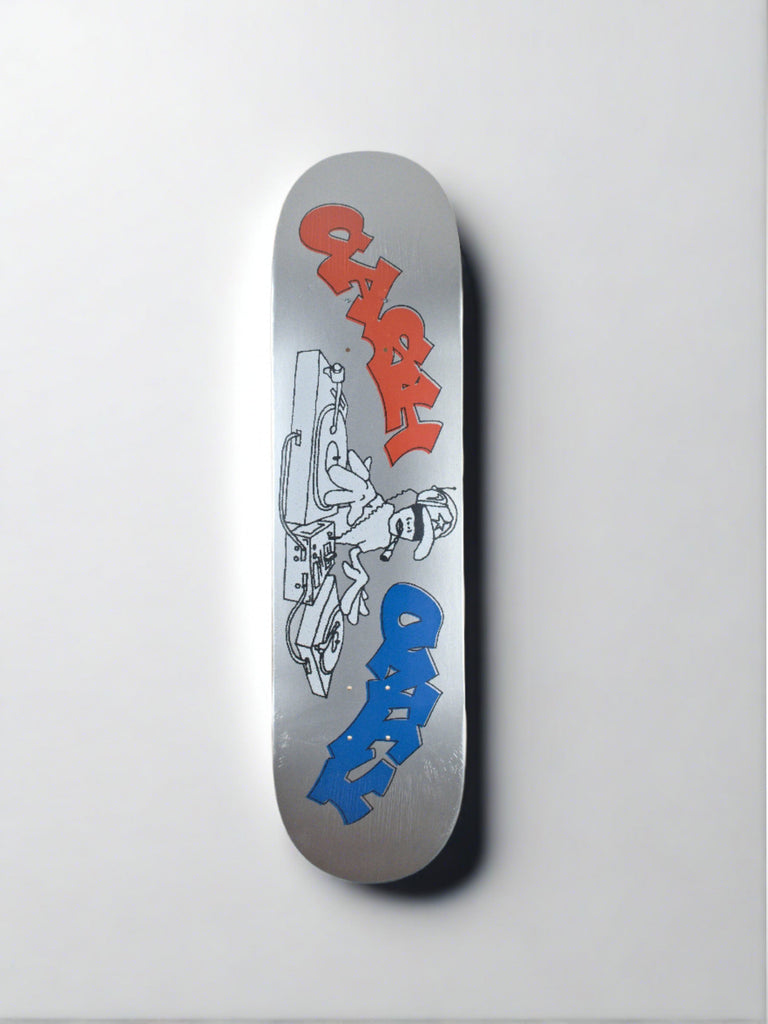 Steel skateboard deck with graffiti artwork and cartoon character - Cash Only Wheels Of Steel