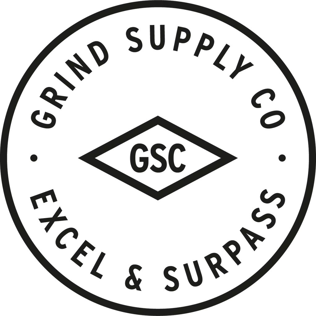 Circular black and white logo for Grind Supply Co featuring ’GSC’ in a diamond shape.