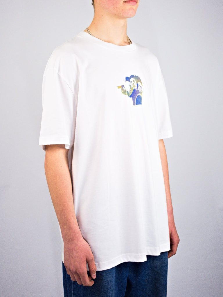Xl clown skateboards - banksy tee white - organic cotton last one xl grind supply company uk