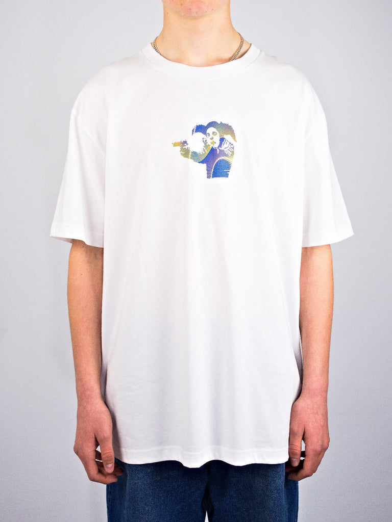 Xl clown skateboards - banksy tee white - organic cotton last one xl grind supply company uk
