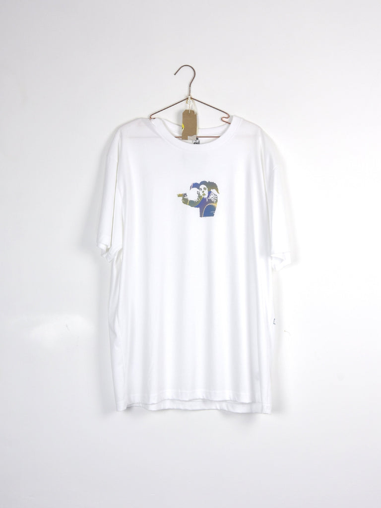 Xl clown skateboards - banksy tee white - organic cotton last one xl grind supply company uk