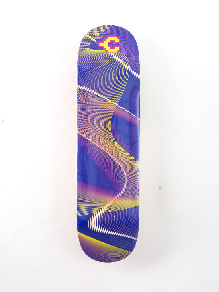 Skateboard deck with a vibrant, swirling abstract design in purple, blue, and yellow tones.