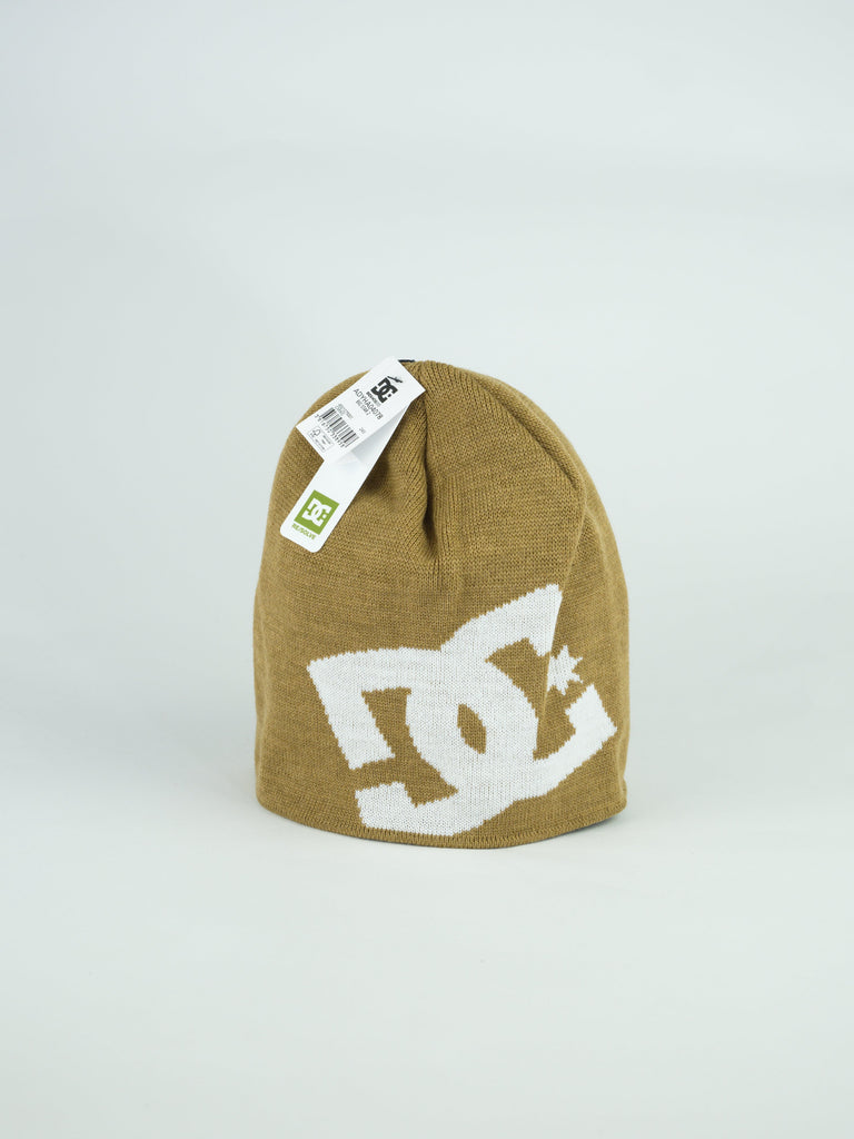 Tan winter beanie with white DC logo knitted into the design.