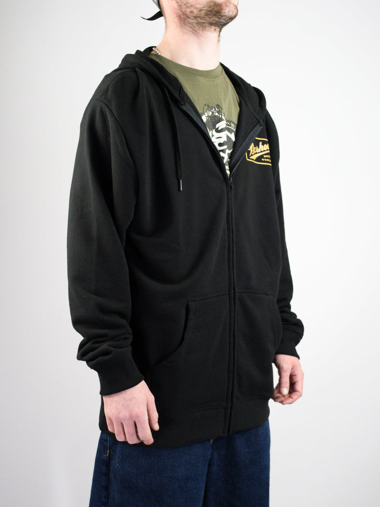 Black zip-up hoodie with a yellow logo patch.