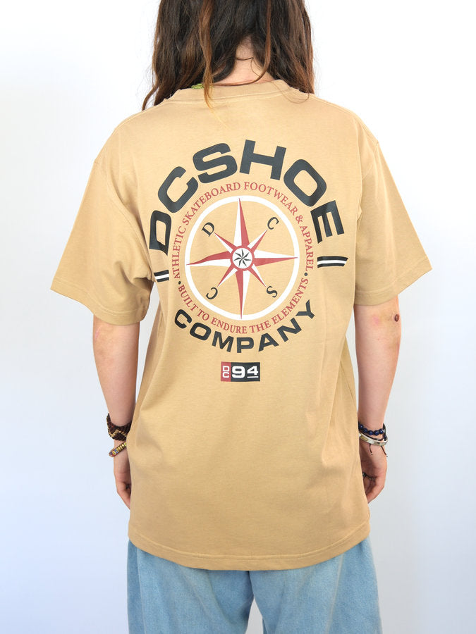 Beige DC Shoes Compass Tee in camel brown featuring logo and compass design on back