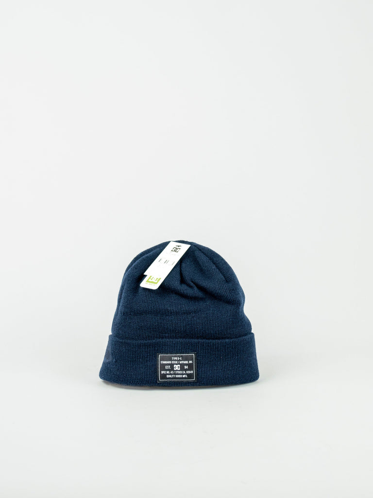 Navy blue knit Frontline Beanie by Dc Shoes featuring a rectangular label