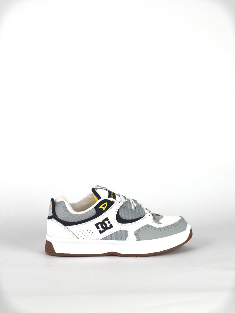 DC Shoes Kalynx Zero in white, gray, and black with gum sole for skateboarding and casual wear