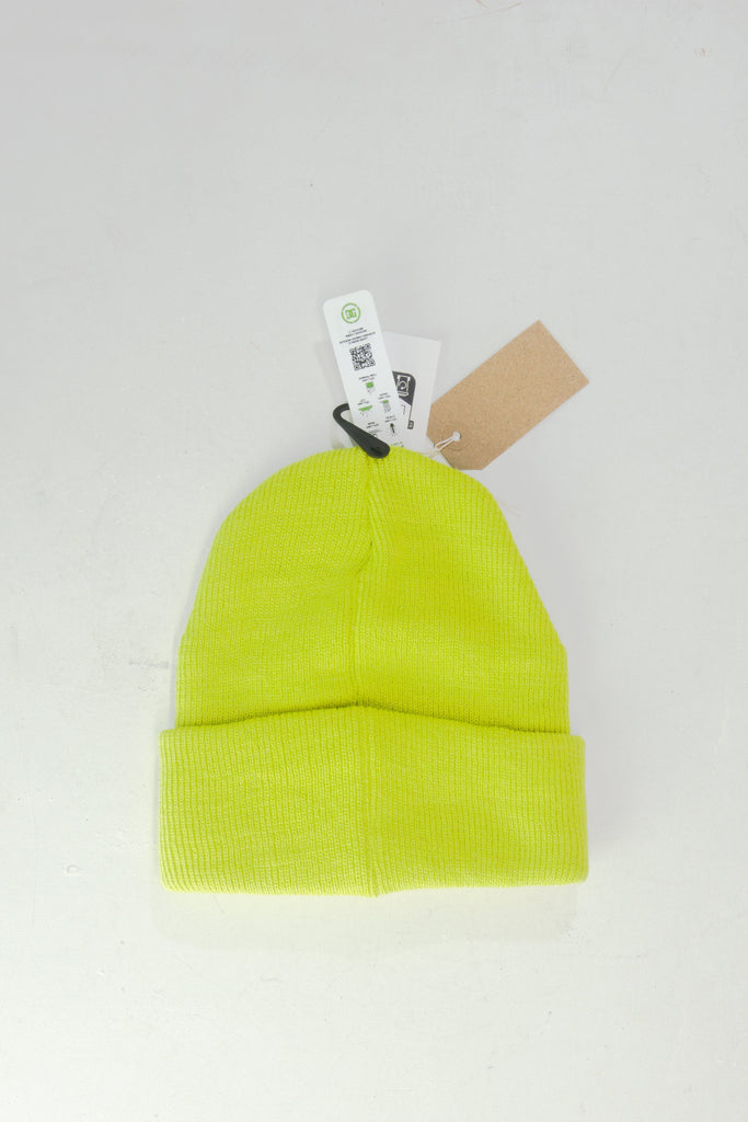 Neon yellow knit beanie with a price tag attached.