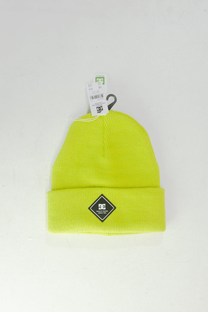 Neon yellow knit beanie with a black diamond-shaped patch.