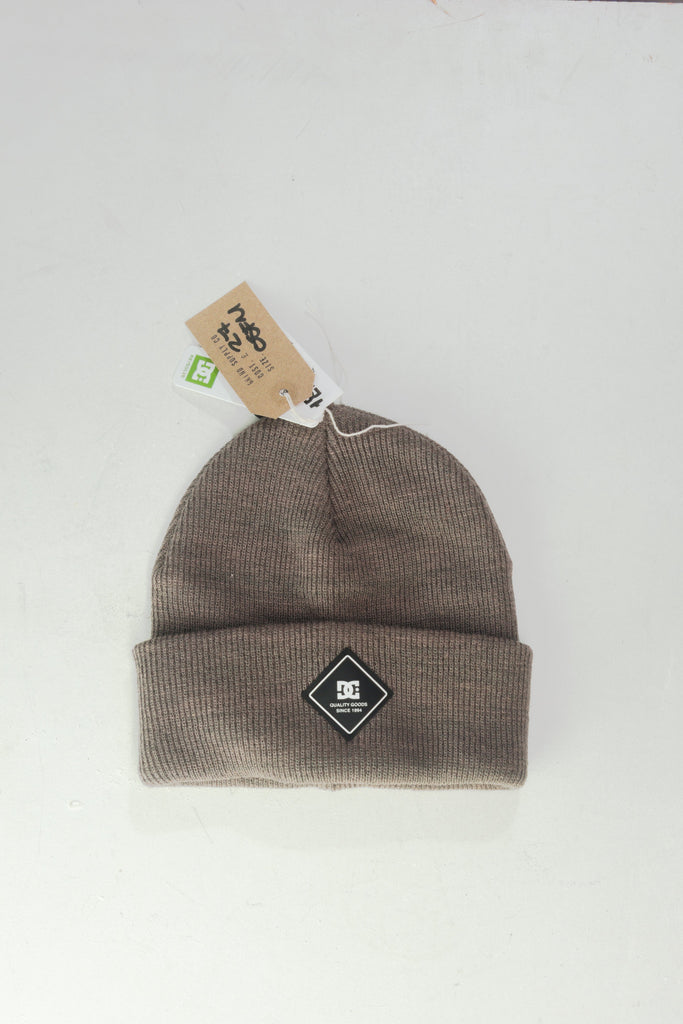 Gray knit beanie with a diamond-shaped patch.