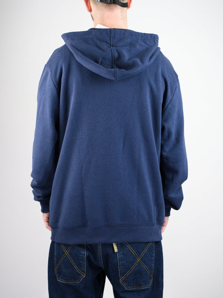 Navy blue hooded sweatshirt shown from the back.