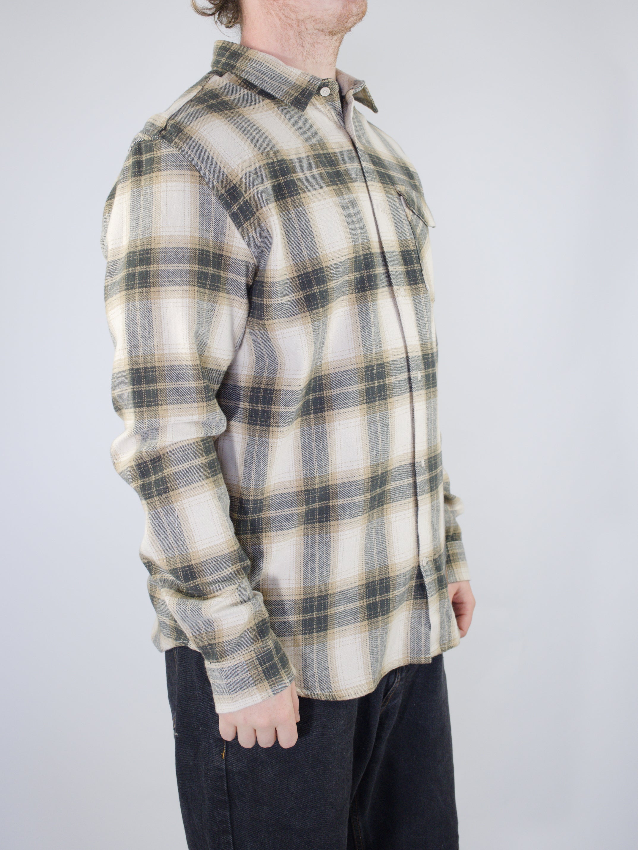 2xl dc shoes - marshal flannel shirt - beige / tan / grey 2 xl last plaid flannel button-up