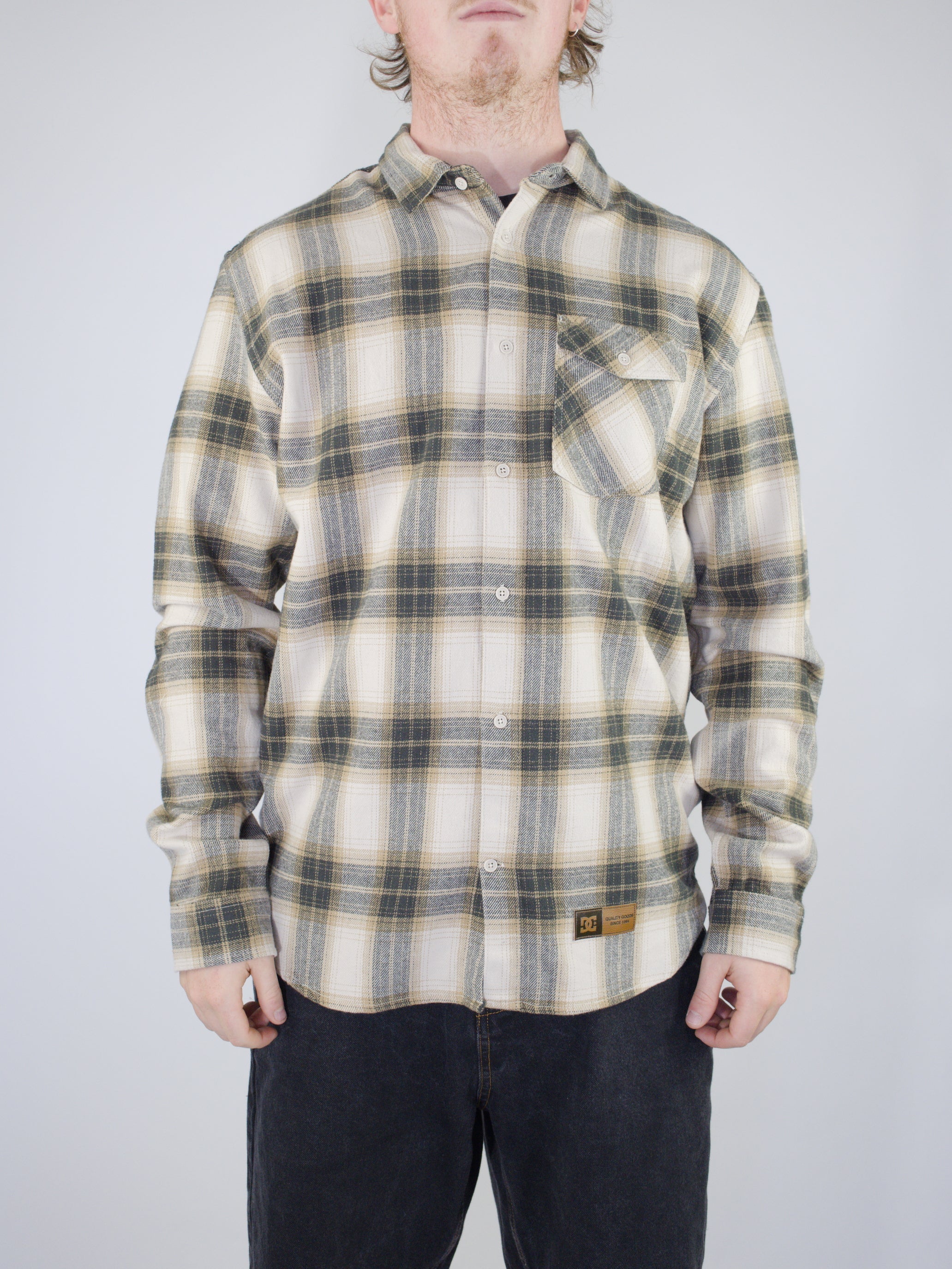 2xl dc shoes - marshal flannel shirt - beige / tan / grey 2 xl last plaid flannel button-up