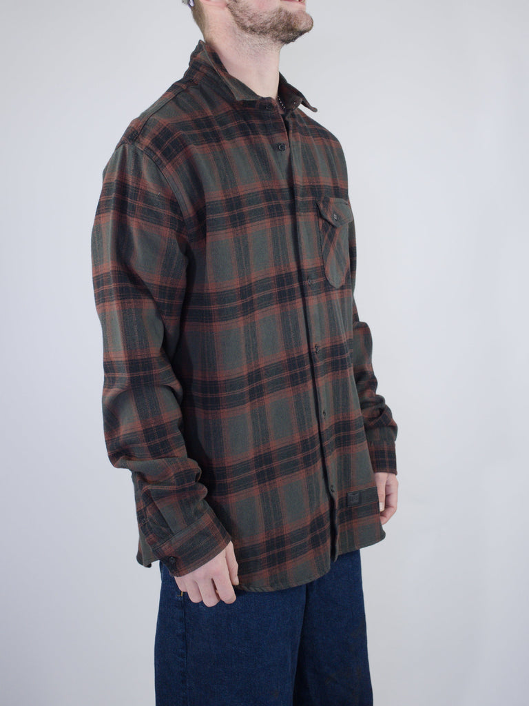 Plaid flannel button-up shirt in dark gray and burgundy.