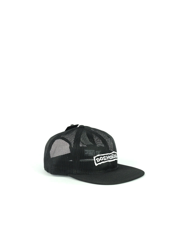 Black mesh trucker snapback hat featuring DC Shoes logo patch from online skateboard shop