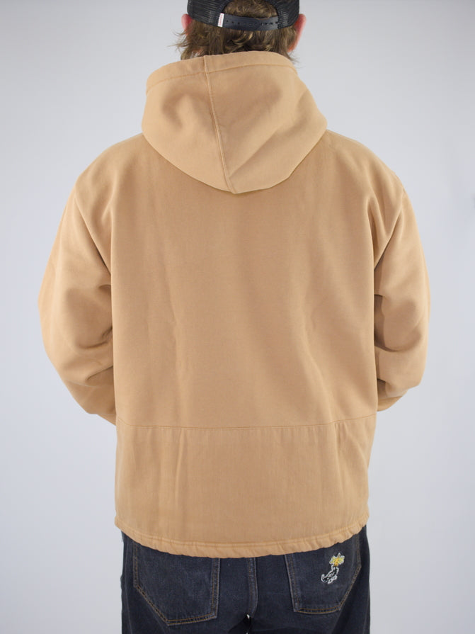 Beige hooded sweatshirt shown from the back.