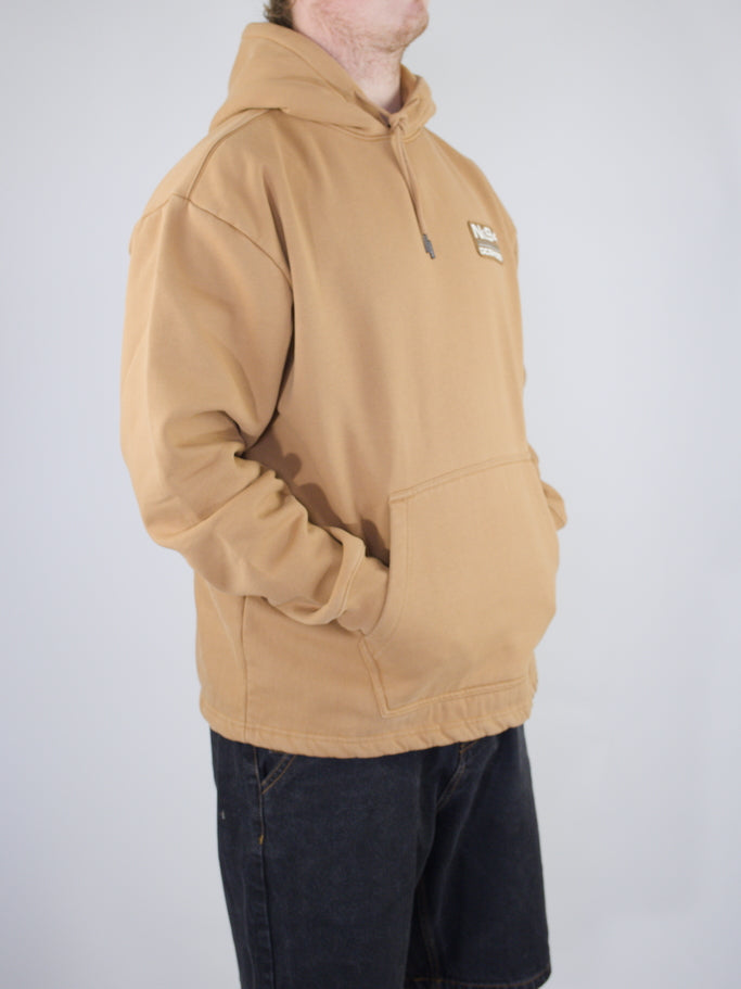 Tan/beige hooded sweatshirt with a front pocket.