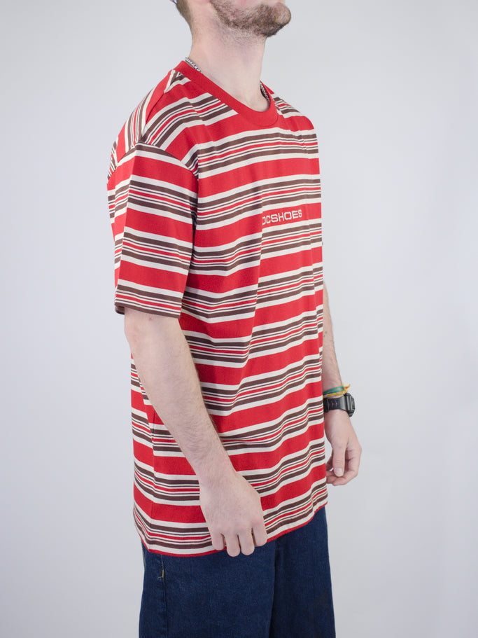 Red and gray striped t-shirt with short sleeves.