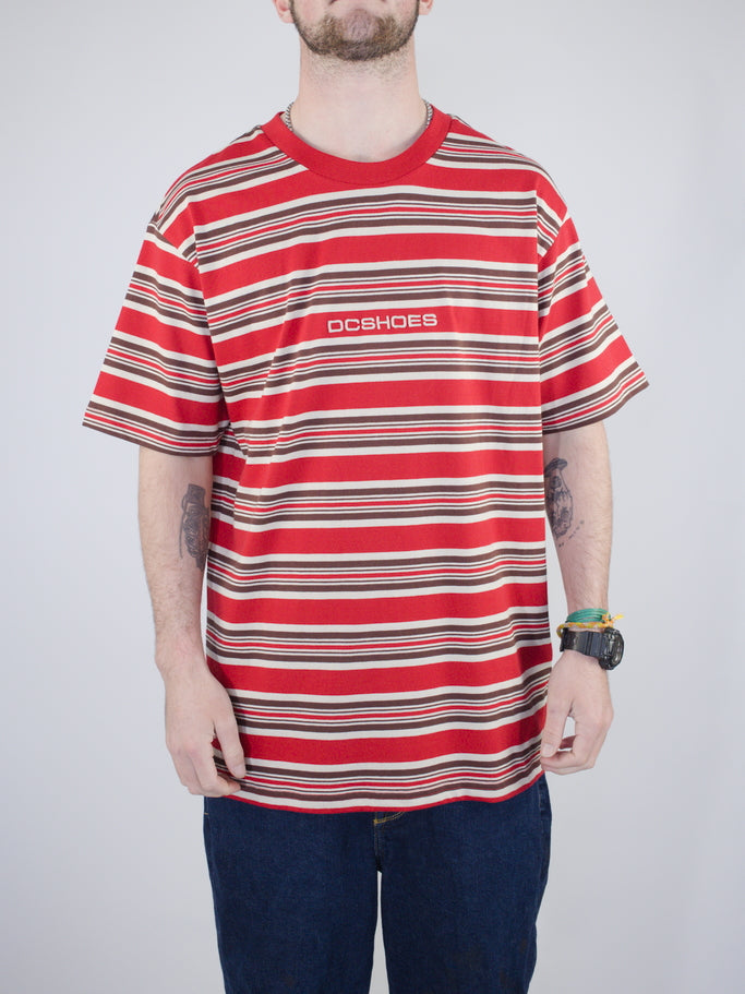 Red and white striped t-shirt with horizontal stripes and a logo.