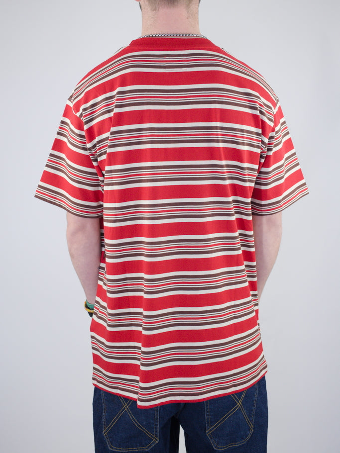 Red striped t-shirt with horizontal bands in white, black and grey colors.