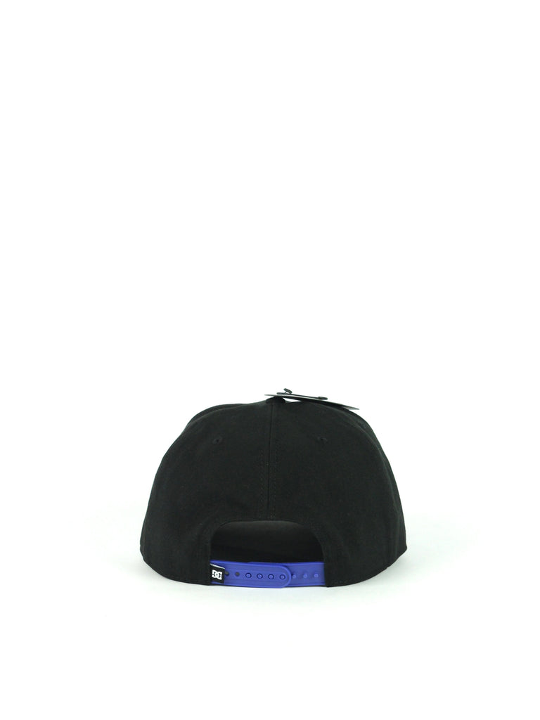 Black baseball cap with blue and purple brim, featuring Dc Shoes Showtime Empire Snapback