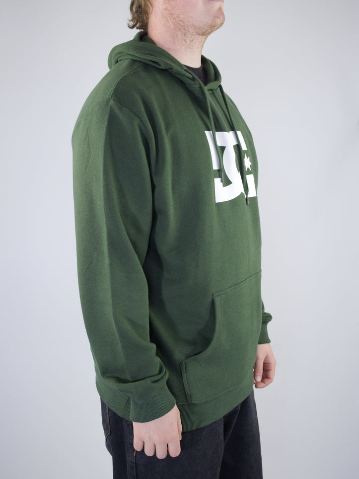 Green hooded sweatshirt with white DC logo.