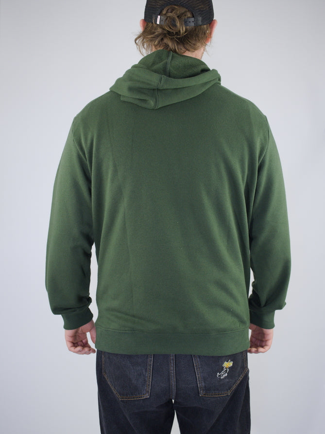 Green hooded sweatshirt shown from the back.