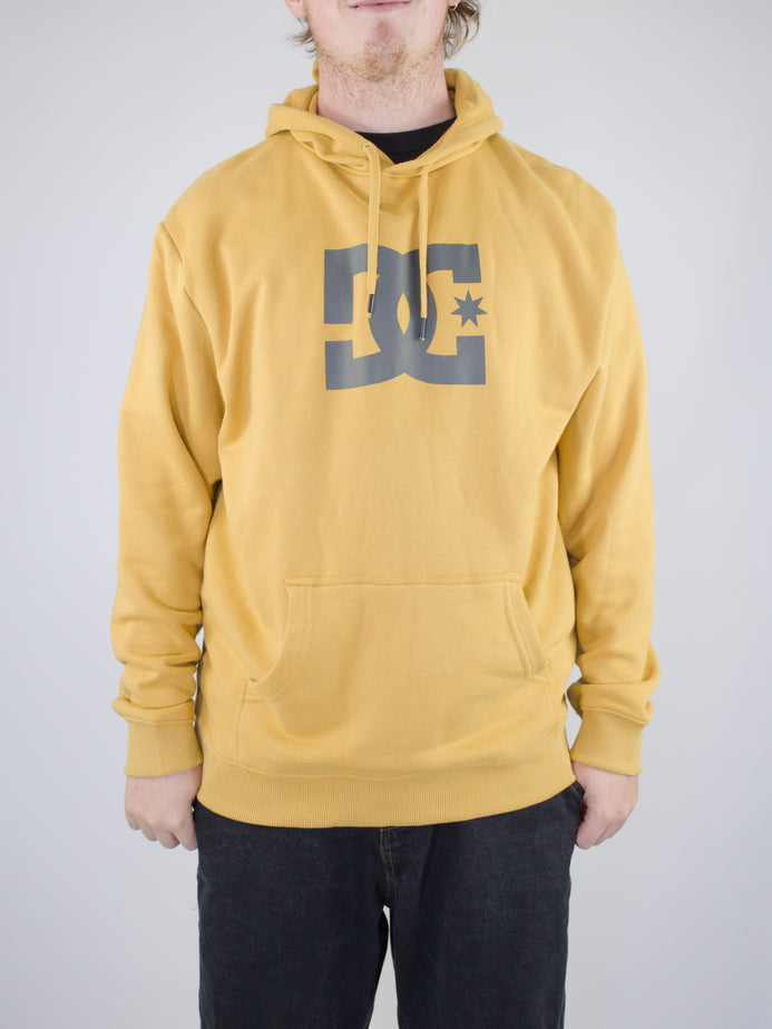 Yellow DC logo hoodie sweatshirt with a front pocket.