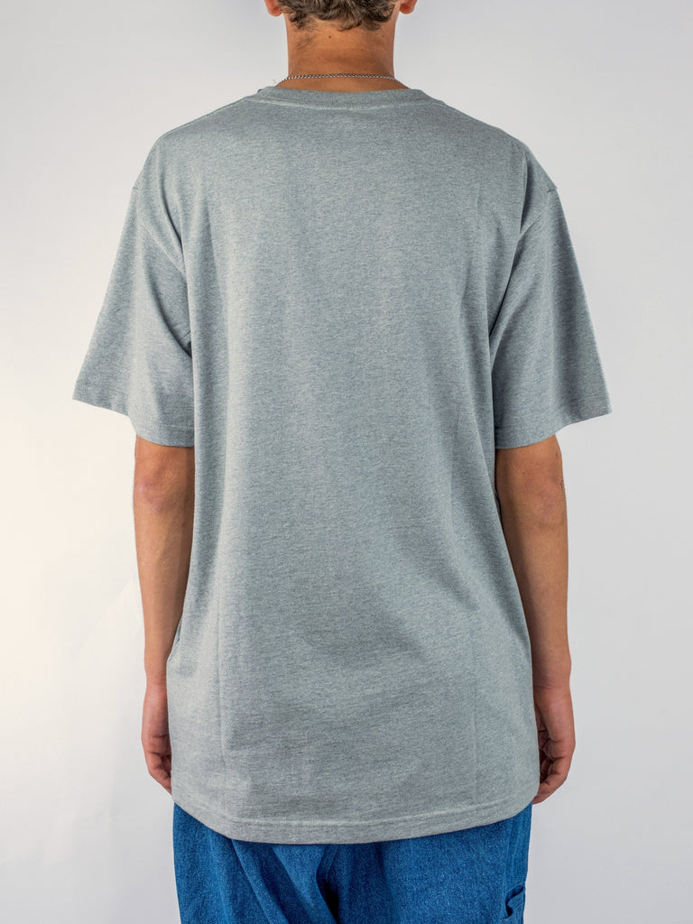 Plain gray short-sleeved Dc Shoes Star Tee worn by person, showcasing stylish heather grey design