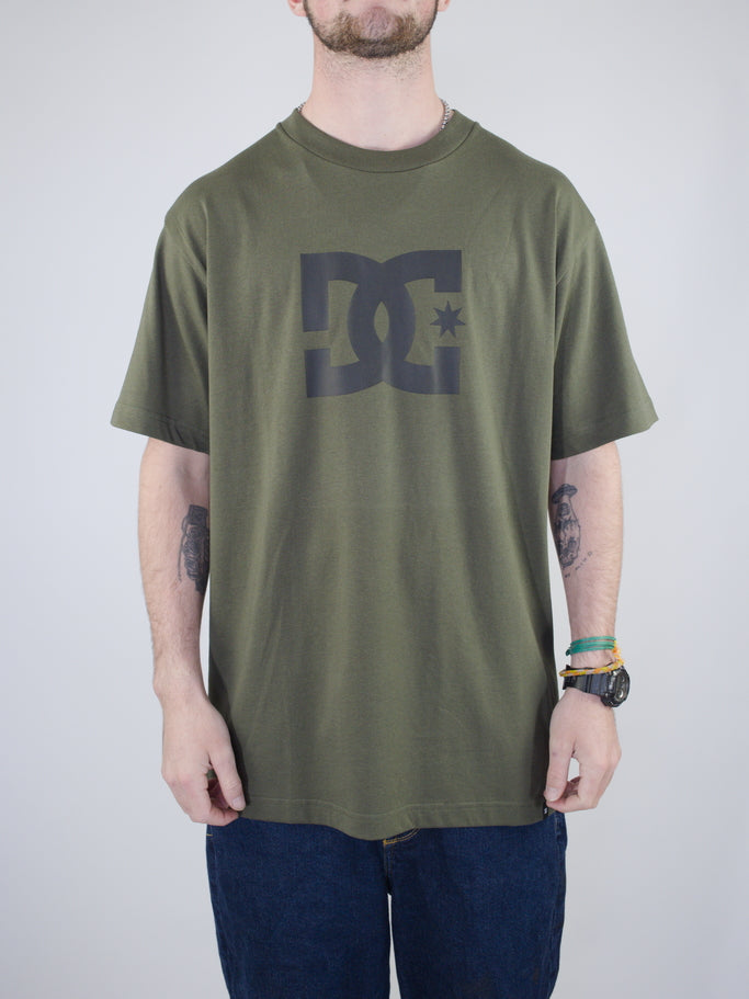 Olive green DC logo t-shirt with navy blue graphic print.