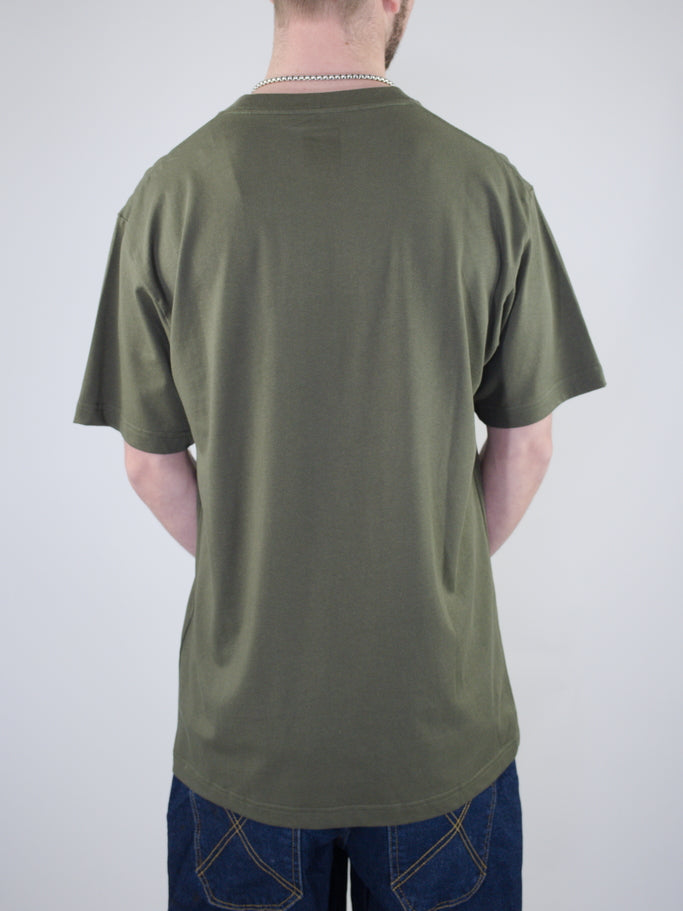 Plain olive green t-shirt shown from the back.