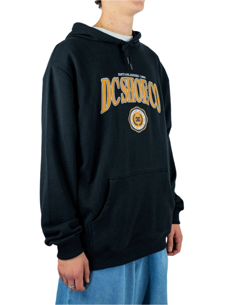 Black Tuition Terry Cloth Hoodie featuring yellow and orange DC Shoes logo and emblem