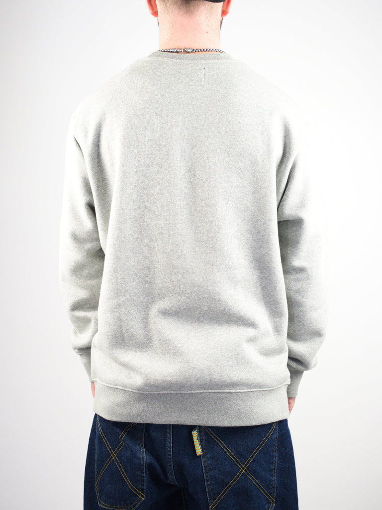 Light gray crewneck sweatshirt shown from behind.