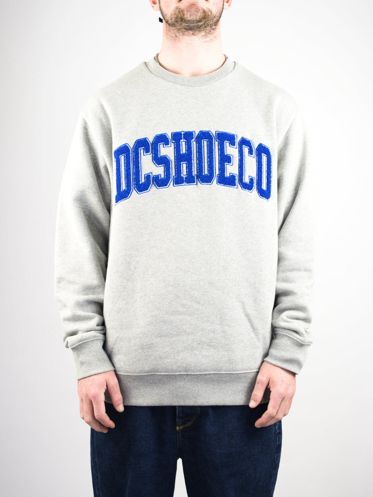 Grey sweatshirt with ’DCSHOE CO’ text in blue letters across the chest.