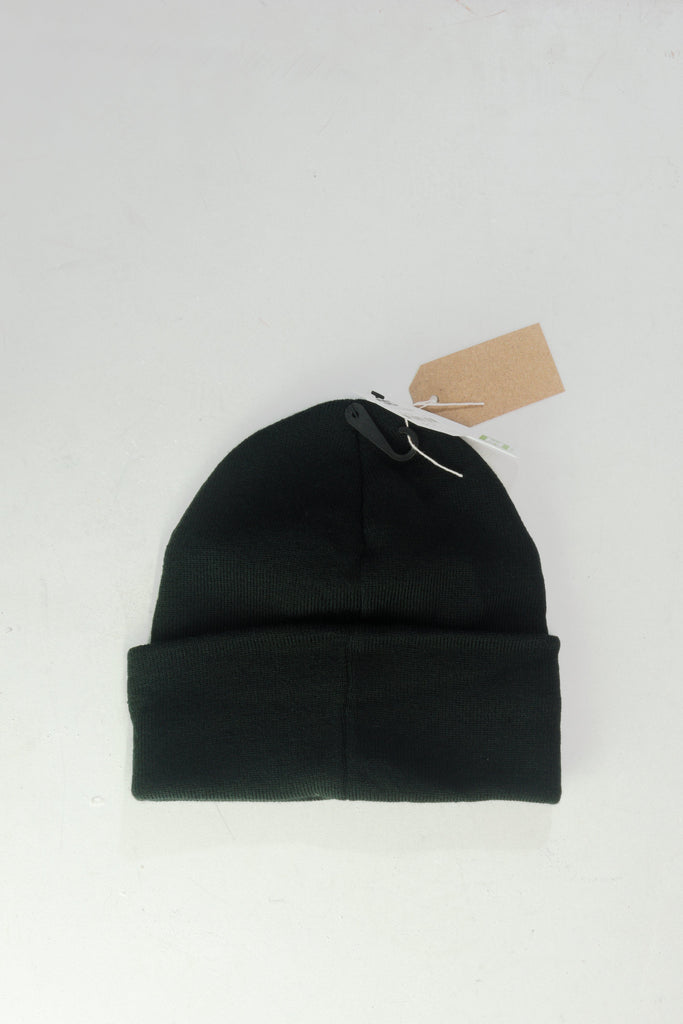 Black knit beanie with a folded cuff and price tag attached.