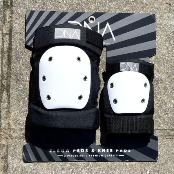 Black and white Dna Protection pad set for optimal elbow and knee protection