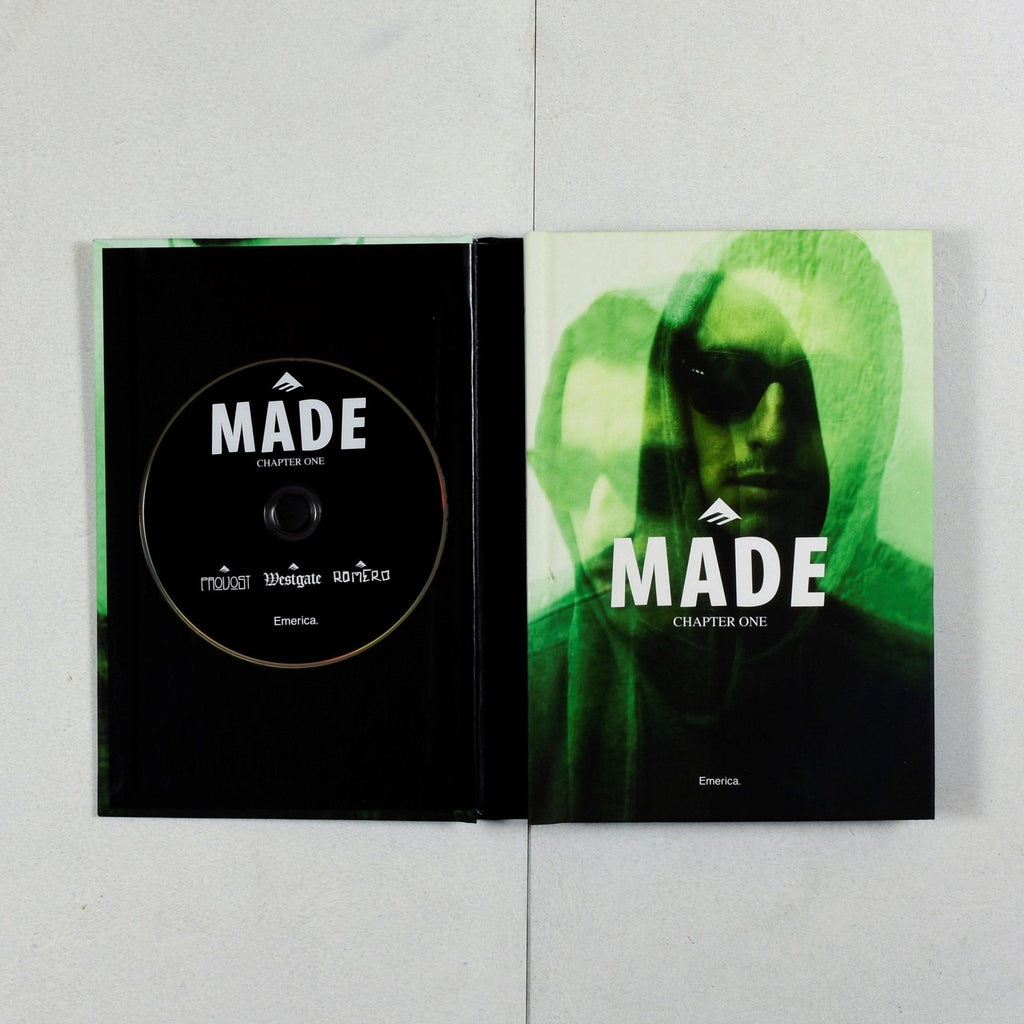 Emerica Made DVD and zine featuring green-tinted figure in sunglasses and hood artwork