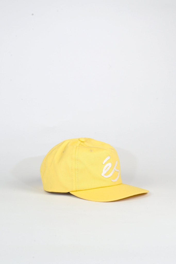 Es - Scrpit Aplique - 6 Panel Soft Snapback - Yellow Hats Fast Shipping - Grind Supply Co - Online Skateboard Shop