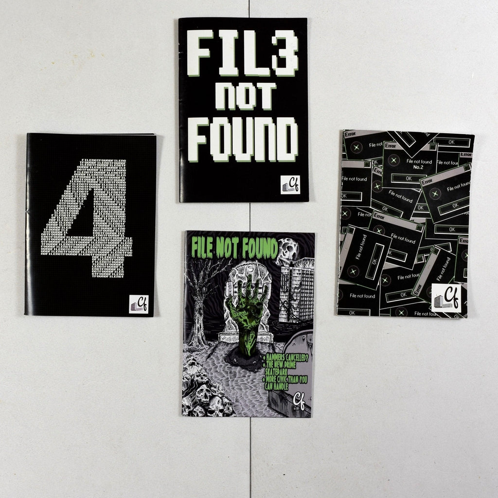 Collection of graphic design posters themed around error messages for File Not Found Zine