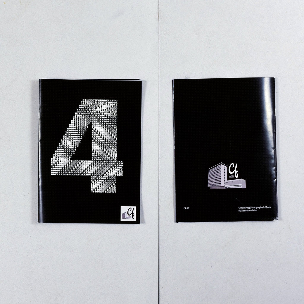 Two black magazine covers from File Not Found issue Zine featuring a large number 4 and building icon