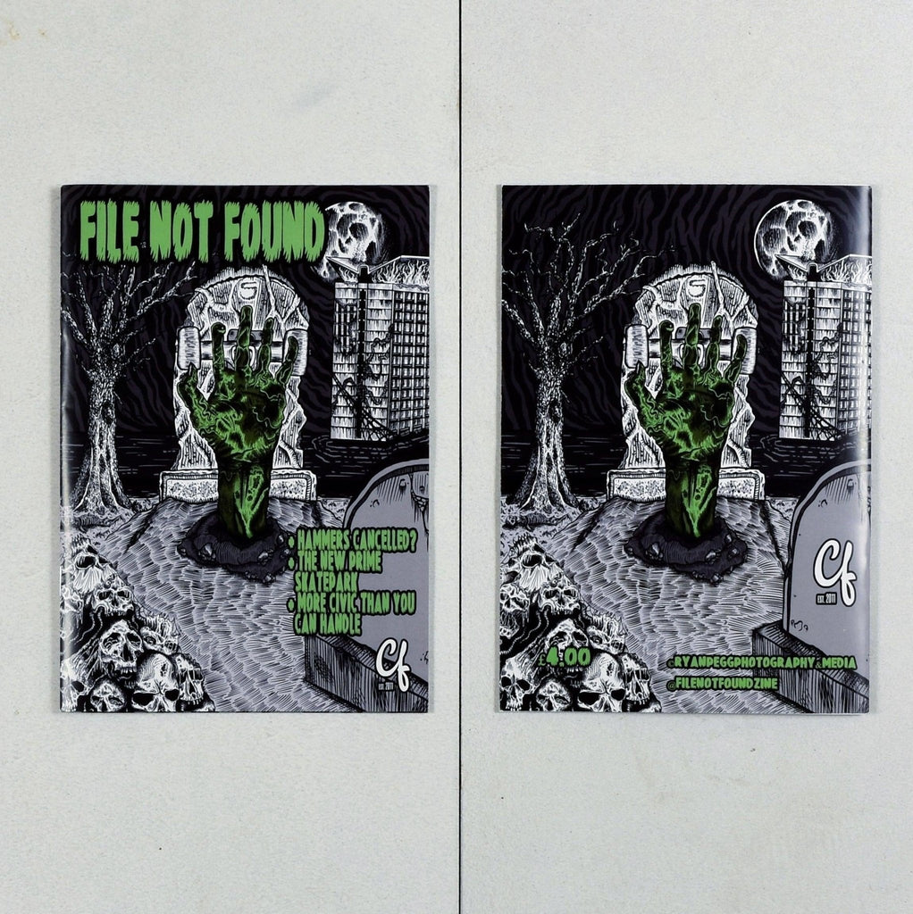 Album cover artwork of a green zombie hand in a graveyard for File Not Found - Issue - Zine