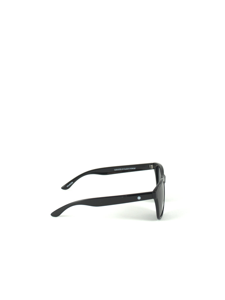 Black-framed sunglasses with wide arms viewed from the side.