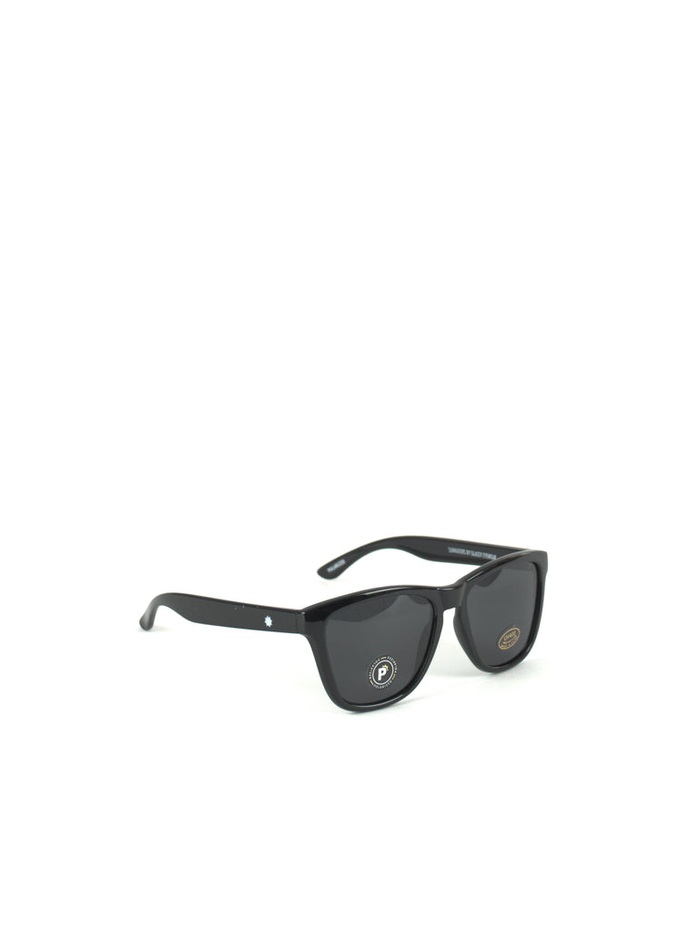 Pair of black sunglasses with dark lenses.