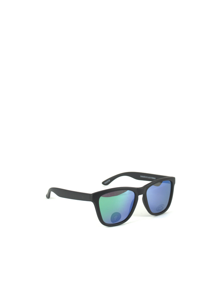 Pair of black-framed Glassy Deric Polarized sunglasses with blue-green mirror lenses