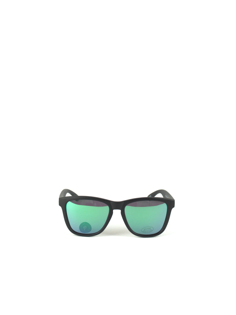 Black-framed polarized sunglasses with green mirror lenses from Glassy Deric collection