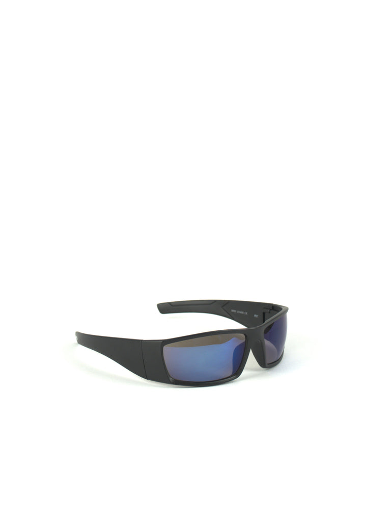 Pair of black sports sunglasses with blue mirrored lenses.